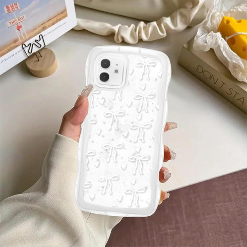 Zrutru 12 6.1",Kawaii 12,White Cute Bow Glitter Phone Case for iPhone Ribbons Bling Wave Cases Girly Heart Sparkling