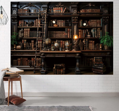BINQOO Medieval Bookshelf Backdrop Bookcase Photography Background Bookshelf Library Backdrops Wall Hanging Dark