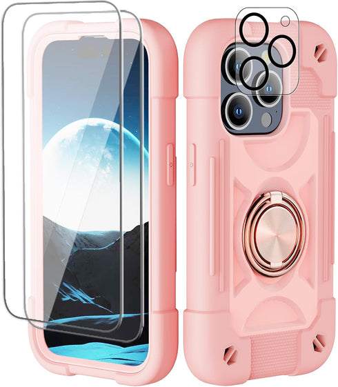 iPhone 15 Pro Case 6.1" - Rugged Military-Grade Shockproof Cover with Ring Stand, Glass & Camera Lens Protectors (Pink)