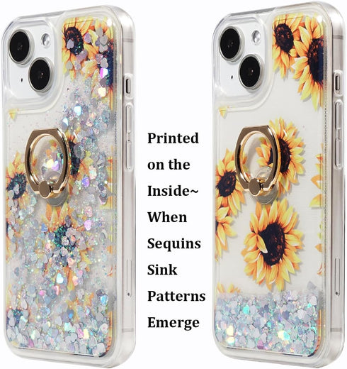 Glitter Case with Ring Holder for iPhone 15, Clear Kickstand Soft TPU Bling Girly Liquid Holiday