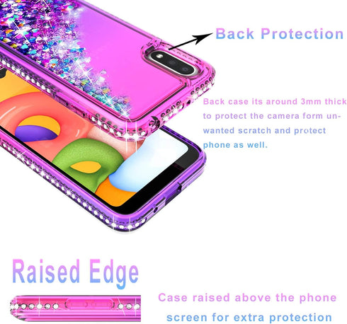 STARSHOP Compatible with Samsung Galaxy A01 Phone Case, with Tempered Glass Protector, Liquid Floating Glitter
