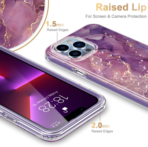 Esdot iPhone 13 Pro Case with Built-in Screen Protector, Military Grade Rugged Cover for Women, Glitter Purple Marble
