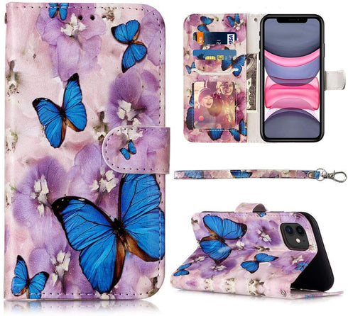 JanCalm Compatible with iPhone 11 Wallet Case, Floral Pattern Premium PU Leather Flip Cover with Wrist Strap