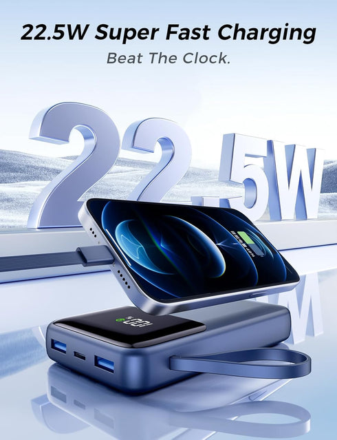 HELLEE 15000mAh 22.5W Pack 17/16/15/14/13, Power Bank, Portable Charger with Built in Cable, Fast Charging, Slim Travel