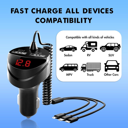 Retractable Car Charger 5 in 1 with Voltage Monitoring LED Display, 18W Car Phone Charger with Built-in Retractable