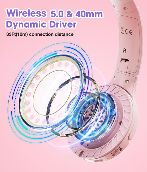 Kids Wireless Headphones 60H, Foldable On Ear Headphone with MIC, Volume Limiter 85dB/94dB for School, Pink