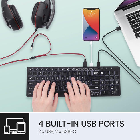 Perixx PERIBOARD-215B US Wired Keyboard, Ultra Slim Scissor Keys, 2 USB-A & USB-C Ports, Detachable Cable, Black