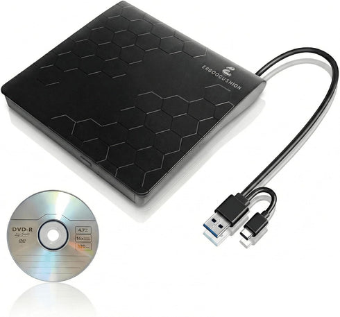 ERGOOCUSHION External DVD Drive USB 3.2 Gen 1 Slim Portable CD/DVD Burner, High-Speed