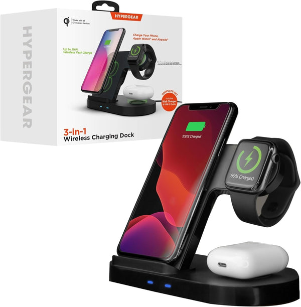 HyperGear 3 in 1 Wireless Charging Station - 10W Fast Wireless Charger Stand, Pad & Watch Mount for iPhone, Android,