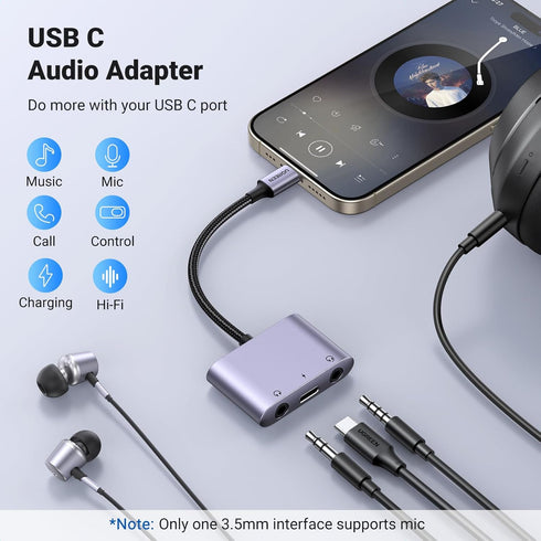 UGREEN USB C to 3.5mm Audio Adapter 3 in 1 Charger and Headphone Splitter with PD 60W