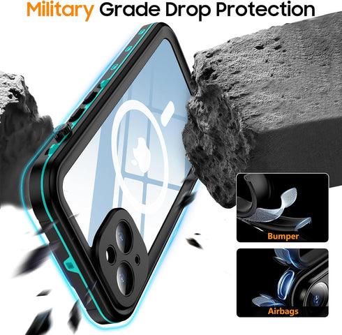 Temdan Magnetic Waterproof Case for iPhone 14 - Blue, Compatible with MagSafe, IP68 Underwater, Built-in Camera Lens &