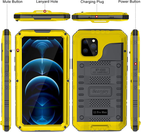 Beasyjoy Waterproof Case for iPhone 12 Pro Max, Heavy Duty Metal Case with Built-in Screen Protector, 6.7 Inch (Yellow)