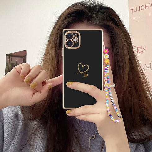 Luxury Square Case for iPhone 11, Cute Gold Love Heart Pattern Cover for Women & Girls - Black