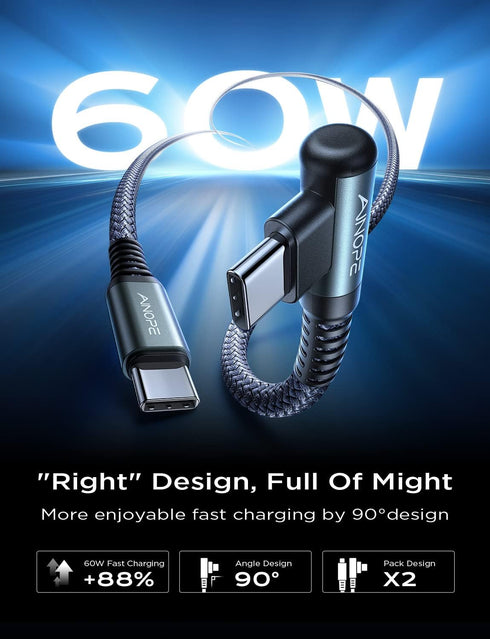 AINOPE 60W Type C to Type C Cable 4-Pack: 10FT, 6.6FT, 3.3FT, Right Angle, Fast Charging for Samsung S22, Note 20