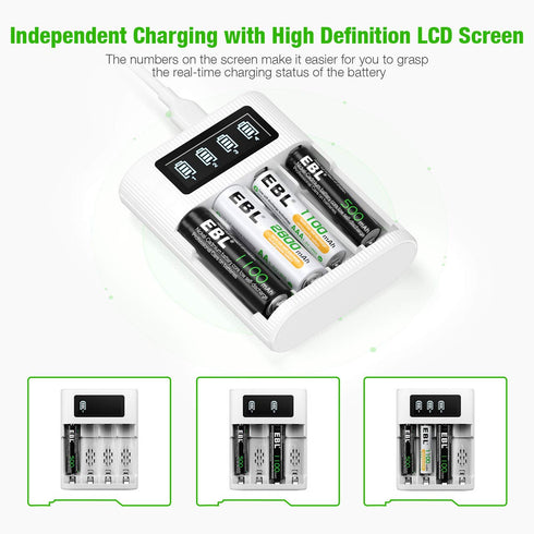 EBL 4 2 LCD Battery Charger AA AAA Rechargeable Battery Charger - Bay Smart LCD Charger with USB Input Port for Ni-CD