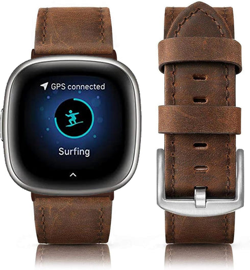 Leather Bands Compatible with Fitbit Versa 4/3/Sense 2, Classic Genuine Leather Replacement Straps for Men Women