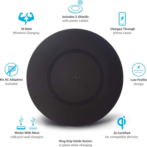 TYLT Shield Bezel Dual Pack | 15W Fast Wireless Charging Pad for Samsung, Apple, AirPods & Qi Devices, 2 Packs | Black