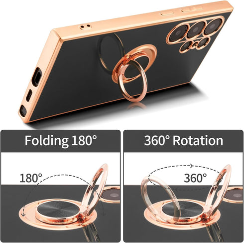 Samsung Galaxy S24 Ultra Shockproof Case, Slim Soft Protective Cover with 360° Rotatable Ring Holder, Black, Rose Gold