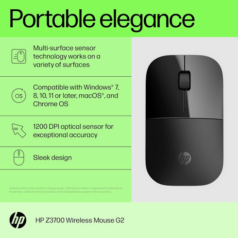 HP Z3700 G2 Wireless Mouse - Onyx Black, Portable Design, 2.4GHz Wireless Receiver, Blue Optical for PC, Laptop, Mac