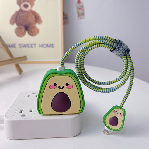 3D Cute Cartoon Charger Protector Case - Compatible for Apple 20W USB-C Power Adapter and Lightning Cable (Green Avocado)
