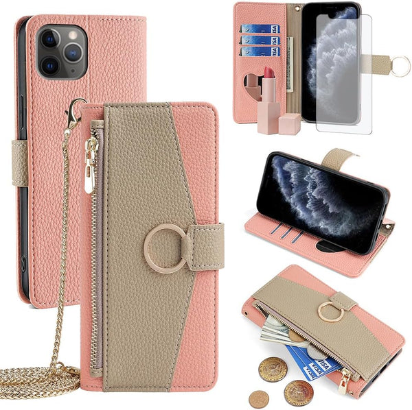Asuwish iPhone 11 Pro Wallet Case: Pink Flip Cover with Screen Protector, Card Holder, Crossbody Strap & Stand.