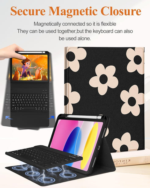 iPad 10th Generation Case with Keyboard, Pencil Holder, 10.9 Inch Folio Cover, Cute Girly Design (Black Flower)