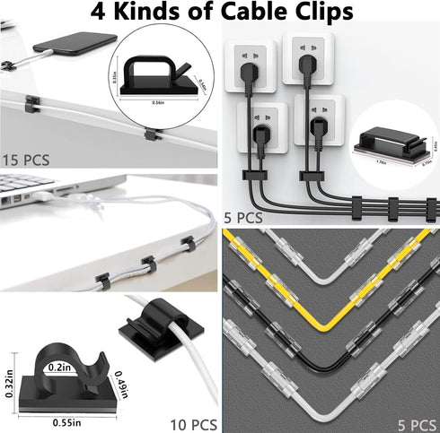 ELII 300PCS Cable Management Kit, 4 Cable Sleeve, 35 Cable Clips, 11 Cord Holders, 200 Fastening Cable Ties for Under