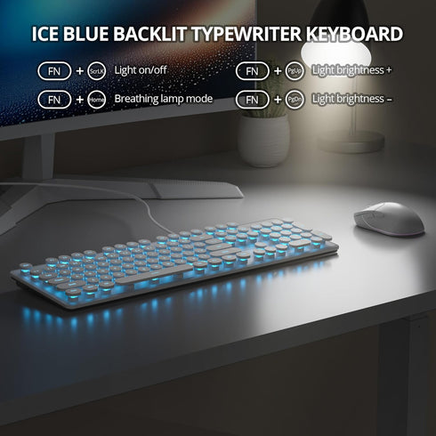 iRoboosta 104 Retro Typewriter White Keyboard Full Size, Keys LED Backlit Wired Membrane Keyboard with Number Pad