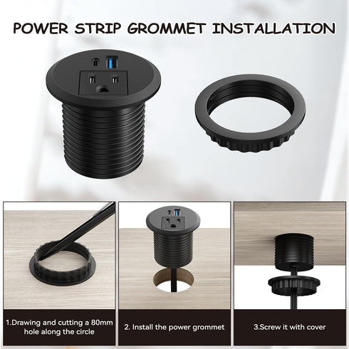 XBA 2inch Desktop Power Grommet - Recessed Power Strip with PD 20W USB C and AC Outlet