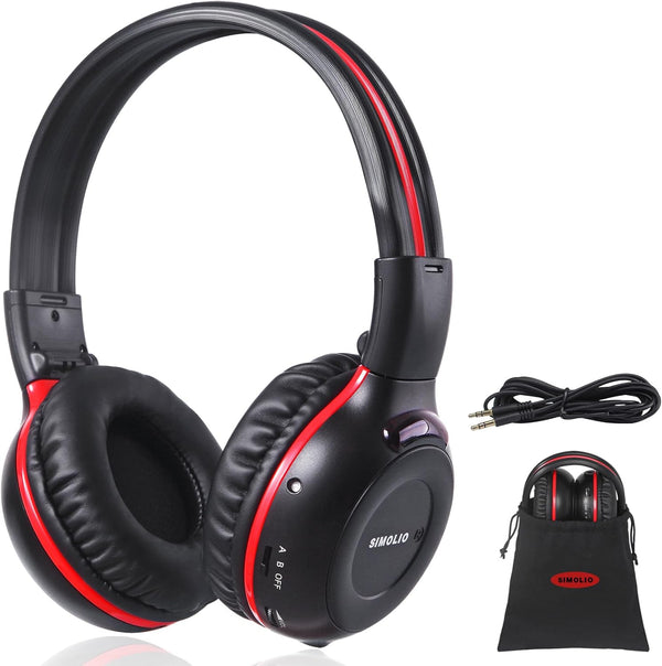 SIMOLIO IR Headphones for Car DVD, Infrared Headphones Kids Universal 2 Channel, Wireless with Bag & 3.5mm AUX Cord for