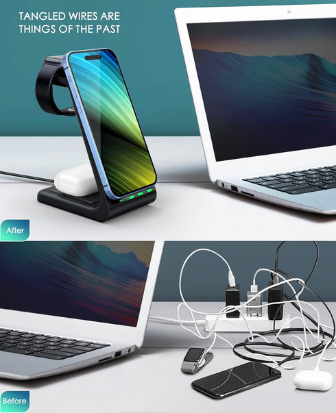 Wireless Charging Station, 3 in 1 Fast Desk Charger for iPhone 15/14/13/12/11 Pro Max, AirPods, iWatch Series