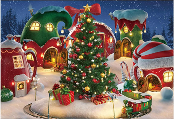 Funnytree 7x5FT Cartoon Christmas Village Photography Backdrop, Winter Snow Pine Tree Background for Kid Party