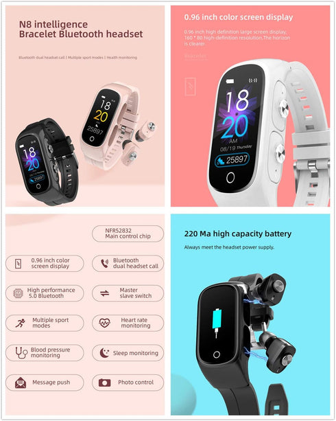 N8 2 in 1 Smartwatch with Earbuds, Smart Bracelet TWS Wireless Bluetooth Headset Combo for Fitness Tracker