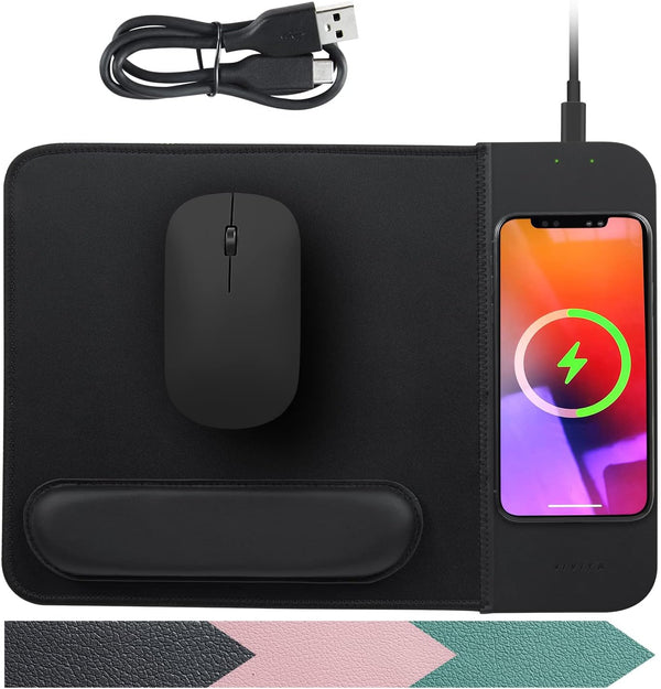 15W Wireless Charging Mouse Pad with Detachable Wrist Support, Fast QI Charger for iPhone/Samsung Devices, Black