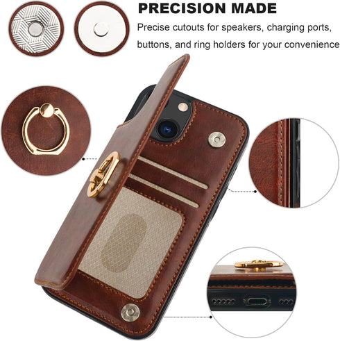 OT ONETOP 13 360 6.1 Inch ONETOP for iPhone Wallet Case with Card Holder, Rotation Ring Kickstand RFID Blocking PU