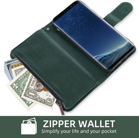 Asuwish Wallet Case for Samsung Galaxy S8 - Dark Green Leather Flip with Tempered Glass & Card Holder Stand.