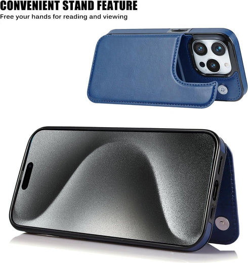 Compatible Wallet Case for iPhone 15 Pro 6.1” +1 Screen Protector, Slim PU Leather Kickstand Case, Deep Blue