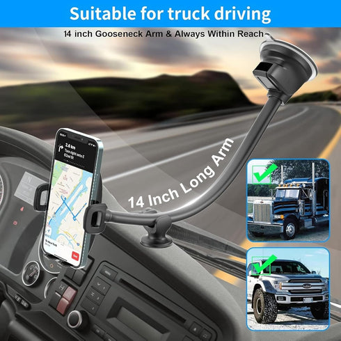 Heavy Duty Gooseneck Car Phone Holder 14'' for Truck, Flexible Long Arm, Anti-Shake Stabilizer, Suction Cup Mount