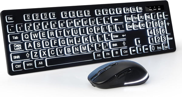 Wireless Keyboard and Mouse - KOPJIPPOM Large Print Wireless Keyboard, 2.4G Full Size Set with Backlight Key for