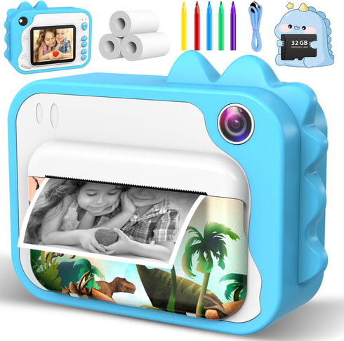Kids Instant Print Camera, 1080p Ink Free Printing Dinosaur Camera for Ages 3-12, Christmas Birthday Gifts, Blue