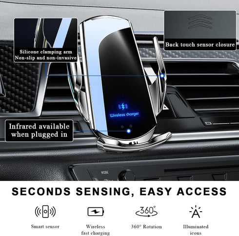 MUQIDA 15W 360 Wireless Car Charger, Fast Charging Air Vent Mount Auto-Clamping Phone Holder, Automotive Electric