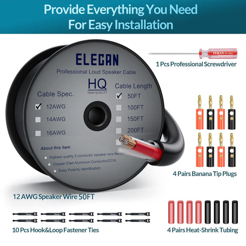 Elecan Pro Series 12/2 Outdoor Speaker Wire Cable - 50 Ft 12 Gauge AWG with Tool Kits, Direct Burial in Wall, CL3 CL2