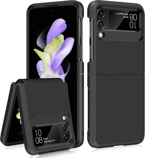 SAMONPOW for Samsung Galaxy Z Flip 4 Case, Upgraded Hinge Protection, Dual Layer Hard PC Soft TPU Bumper, Black