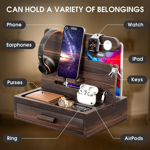 Wooden Phone Docking Station Nightstand Organizer with Drawer Storage, Cell Phone Stand Gifts for Men, Dad, Boyfriend,