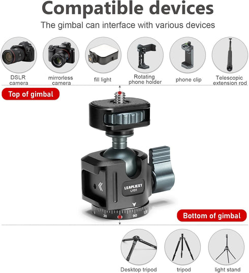 LEAPLIEXT 360 1/4-inch 2.5kg/5.5 lbs Tripod Metal Ball Head, Panoramic Rotating Base Adapter, with Screw and Cold Shoe