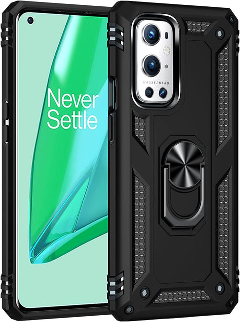 Military Grade Drop Impact Case for Oneplus 9 Pro, 360 Metal Rotating Ring Kickstand Holder, Heavy Duty (Black)