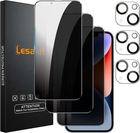 iPhone 14 Privacy Screen Protector 3+3 Pack, 9H Hardness Anti-Spy Tempered Glass & Camera Lens Protectors, Bubble-Free.