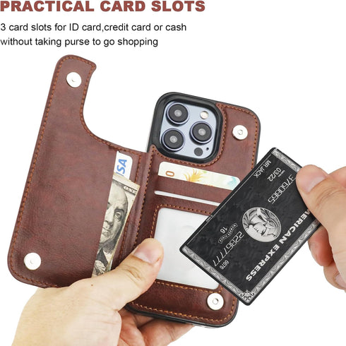 iPhone 15 Pro Wallet Case with Card Holder, PU Leather Kickstand, Double Magnetic Clasp, Durable Shockproof Cover, 6.1