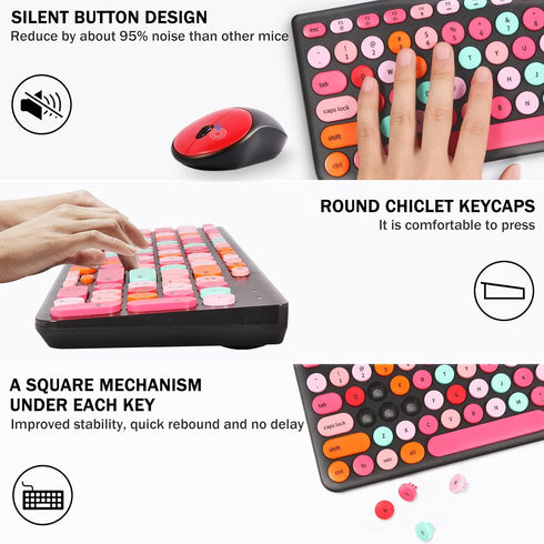 Wireless Keyboard and Mouse Combo, Retro Typewriter Wireless Keyboard with Round Keycaps for Desktop
