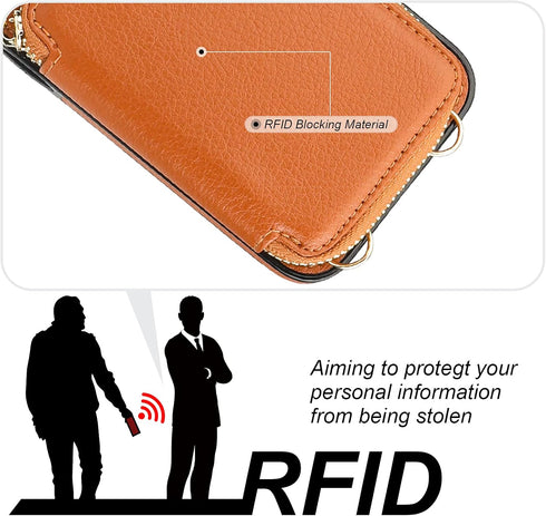 Bocasal RFID Blocking Wallet Case for iPhone 14 & 13, Adjustable Crossbody Zipper Purse with Kickstand, 6.1 Inch (Brown)